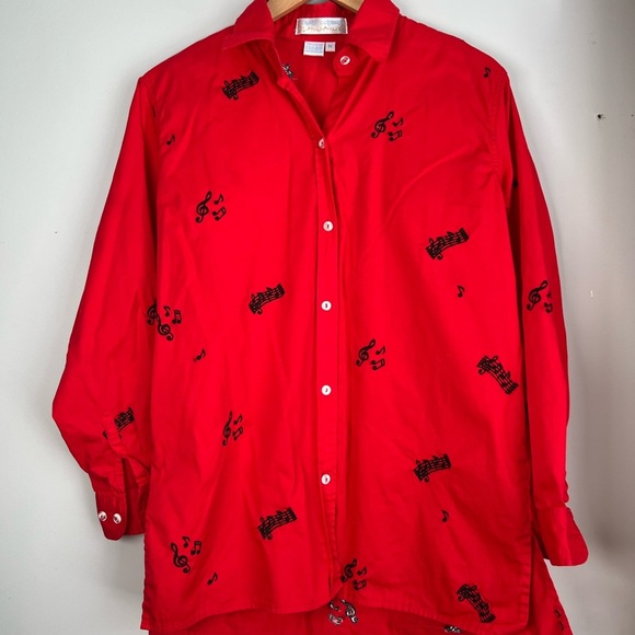 Vintage Casey Coleman Red Musical Note  AOP Embroidered Button-Up Blouse Medium - Picture 1 of 5